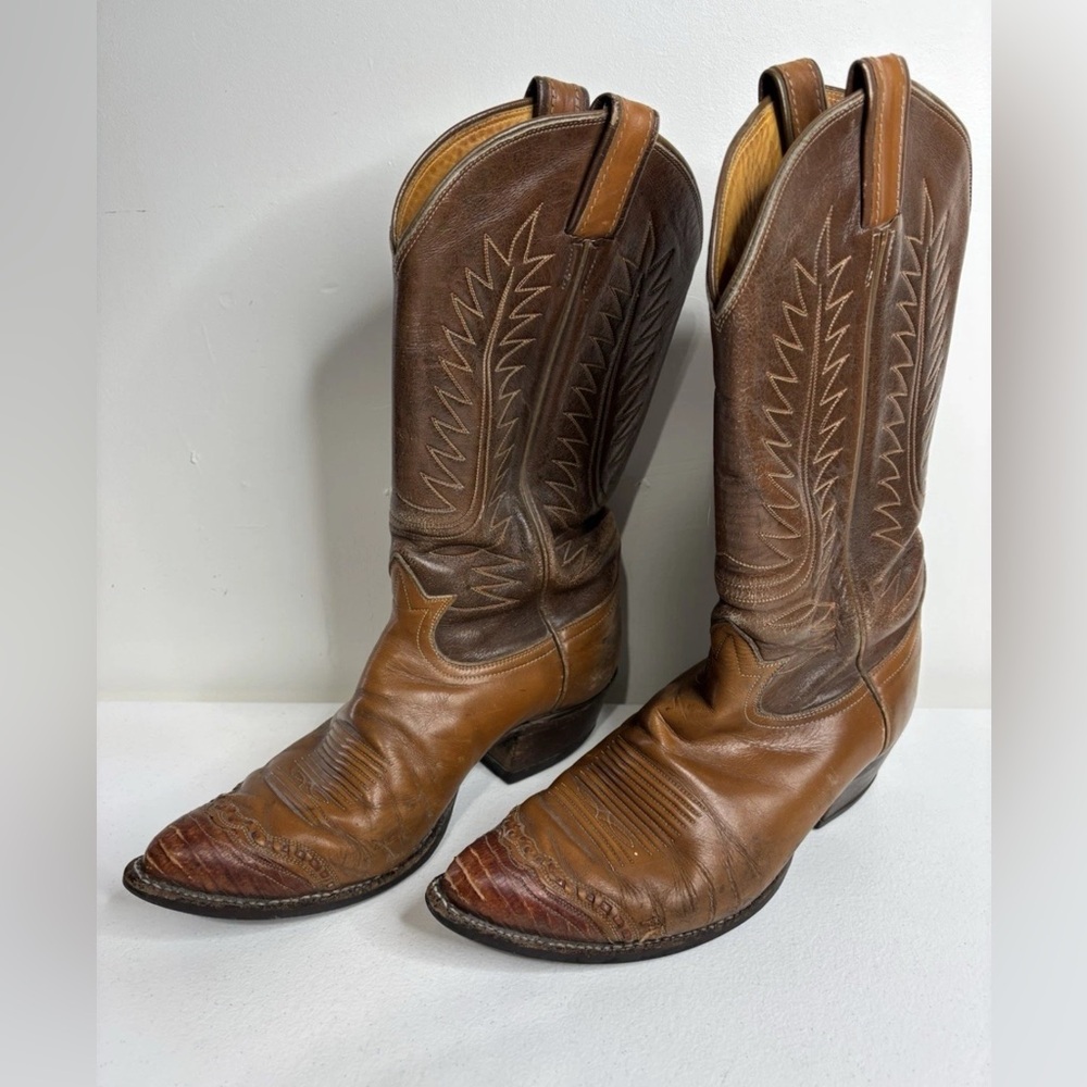 Vtg Tony Lama Cowboy Western 3 Tone Men's Boot, Lizard Toe Cap, Hand Made 91/2 D